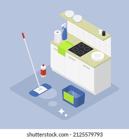 Isometric home cleaning vector illustration. Kitchen with cleaning object around - a bucket with a mop, dust cloth, detergent, paper towel and spray cleaner. Housekeeping service concept.