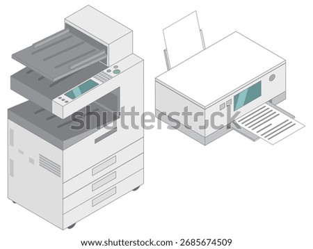 Isometric home and commercial printer materials set with main lines