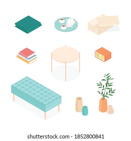Isometric home decoration and furniture set. Vector collection. Illustration in flat design.