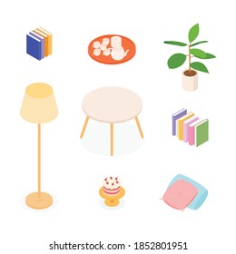 Isometric home decoration and furniture set. Vector collection. Illustration in flat design.