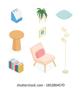 Isometric home decoration and furniture set. Vector collection. Illustration in flat design.