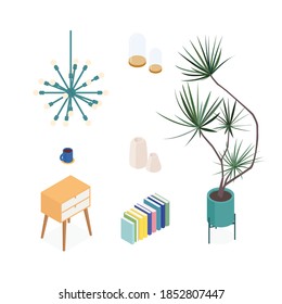 Isometric home decoration and furniture set. Vector collection. Illustration in flat design.