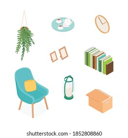 Isometric home decoration and furniture set. Vector collection. Illustration in flat design.