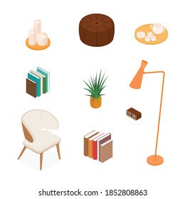 Isometric home decoration and furniture set. Vector collection. Illustration in flat design.