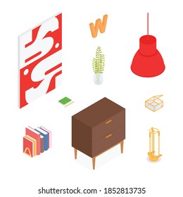 Isometric home decoration and furniture set. Vector collection. Illustration in flat design.