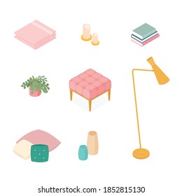 Isometric home decoration and furniture set. Vector collection. Illustration in flat design.