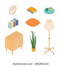 Isometric home decoration and furniture set. Vector collection. Illustration in flat design.