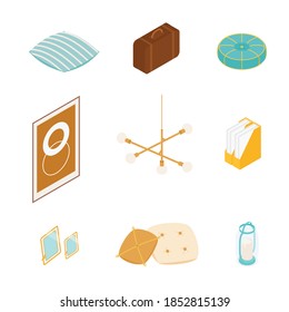 Isometric home decoration and furniture set. Vector collection. Illustration in flat design.