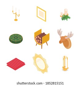 Isometric home decoration and furniture set. Vector collection. Illustration in flat design.