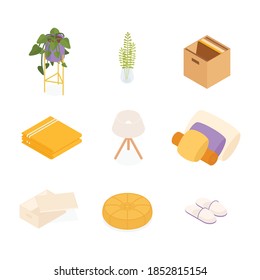 Isometric home decoration and furniture set. Vector collection. Illustration in flat design.