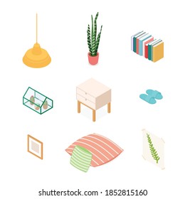 Isometric home decoration and furniture set. Vector collection. Illustration in flat design.