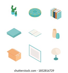 Isometric home decoration and furniture set. Vector collection. Illustration in flat design.