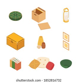 Isometric home decoration and furniture set. Vector collection. Illustration in flat design.