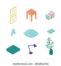 Isometric home decoration and furniture set. Vector collection. Illustration in flat design.