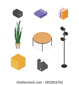 Isometric home decoration and furniture set. Vector collection. Illustration in flat design.