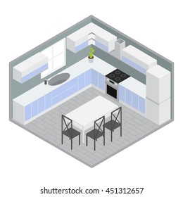 Isometric home dining room with white blue cupboards and cabinets table chairs grey walls plant vector illustration