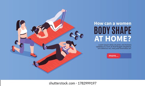 Isometric Home Fitness Horizontal Banner With Editable Text More Button And Female Characters Practicing With Barbells Vector Illustration