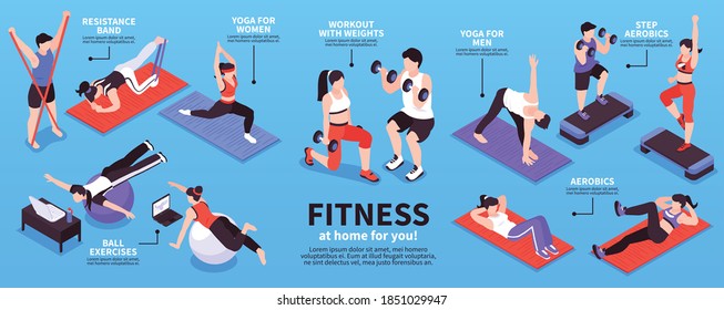 Isometric home fitness infographics with isolated human postures different sport exercises editable text captions with arrows vector illustration