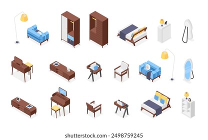 Muebles isométricos para el hogar. Silla taburete sofá cama lámpara espejo y tocador. Accesorios domésticos para el diseño del dormitorio, sala de estar impecable conjunto de Vector