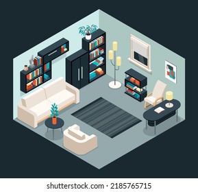 Isometric Home Furniture Interior Composition With Living Room Scenery Black Book Shelves Carpet Armchairs And Sofa Vector Illustration