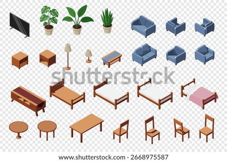 Isometric home furniture. Isometric interior elements set. Sofas, chairs, potted plants, tables, lamps, cabinets and beds