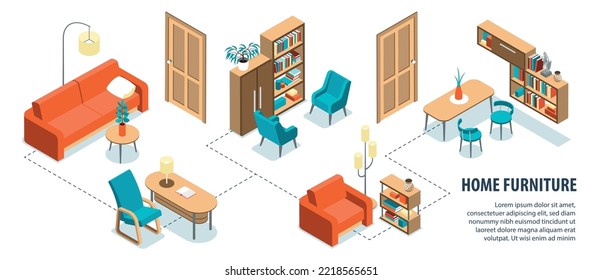 Isometric home furniture interior infographics with flowchart isolated views of designer interiors furnishing and editable text vector illustration