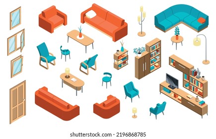 Mobiliario doméstico isométrico conjunto de interiores con iconos aislados de ventanas sillas suaves librerías y lámparas de suelo ilustración vectorial