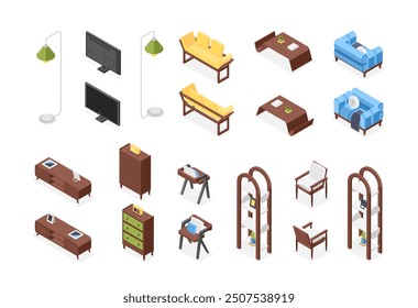 Isometric home furniture for living room. Office design chair sofa armchairs. Domestic lamp cabinet tv book shelf desk, flawless vector collection