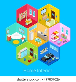 Isometric Home House Interior With Living Room, Kitchen, Bathroom, Garage And Children. Vector 3d Flat Illustration