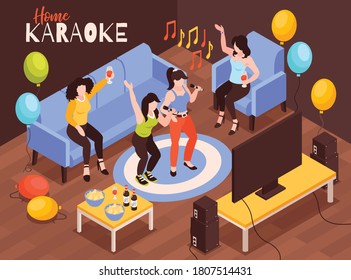 Isometric home karaoke composition with house party scenery with singing female characters balloons and music notes vector illustration