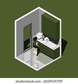 Isometrische Heimküche Innenraum Vektorgrafik. Inklusive Küchenraum, Person, Schrank, Reiskocher, Mixer und Mixer.