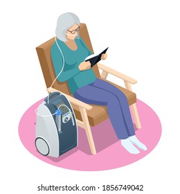 Isometric Home Medical Oxygen Concentrator. Concept of healthcare, life, pensioner. Senior woman with Chronic obstructive pulmonary disease with supplemental oxygen