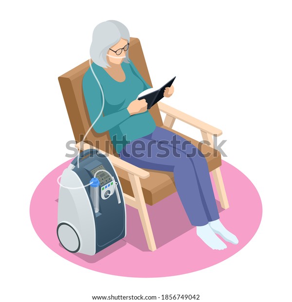 Isometric Home Medical Oxygen\
Concentrator. Concept of healthcare, life, pensioner. Senior woman\
with Chronic obstructive pulmonary disease with supplemental\
oxygen