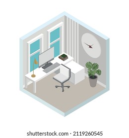 Isometric home office concept, modern cabinet room design with desk, chair, computer, books, clocks and plant. Vector illustration