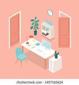 Isometric home office in emerald green and rose pink. Vector illustration in flat design, isolated.