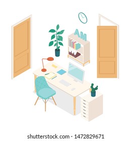 Isometric home office on white. Vector illustration in flat design, isolated.