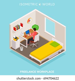 Isometric Home Office Workplace. Concept Freelance Workspace.