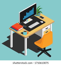 Isometrisches Heimbüro. Arbeitsbereich. Vektorillustration.
