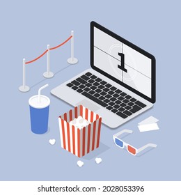 Isometric home online cinema vector illustration. Domestic movie theater with laptop pc, drink and popcorn. Image on computer display remote watch movies internet application. Digital entertainment