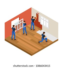 Isometric home renovation concept with professional workers installing window painting wall and repair floor in room isolated vector illustration