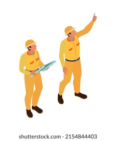 Isometric home repair composition with human characters of craftsmen in yellow uniform vector illustration