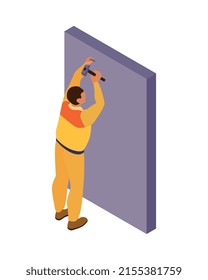 Isometric home repair composition with human character of craftsman in yellow uniform vector illustration