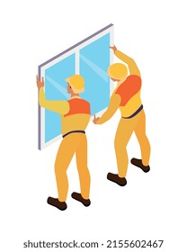 Composición isométrica de reparación del hogar con caracteres humanos de artesanos en ilustración vectorial uniforme amarilla