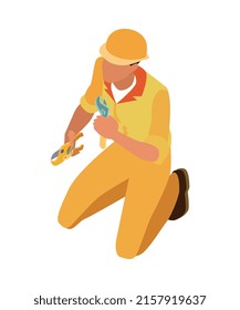 Isometric home repair composition with human character of craftsman in yellow uniform vector illustration