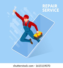 Isometric Home Repair and Renewal Service. Call Master for Home Work. Mechanic or Electronic Service Concept. Repairman Character.