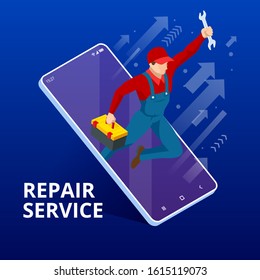 Isometric Home Repair and Renewal Service. Call Master for Home Work. Mechanic or Electronic Service Concept. Repairman Character.