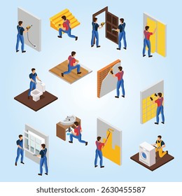Conjunto de reparo doméstico isométrico com diferentes trabalhadores profissionais e procedimentos de renovação e melhoria da casa caixa de ferramentas isolada instalando conceito industrial reparação de drenagem montagem problema de trabalho