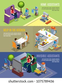 Isometric home robots horizontal banners with robotic assistants helping people in housework cleaning cooking housekeeping vector illustration