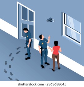 Isometric home security composition with crime scene trails of thief police officers house owner and camera vector illustration