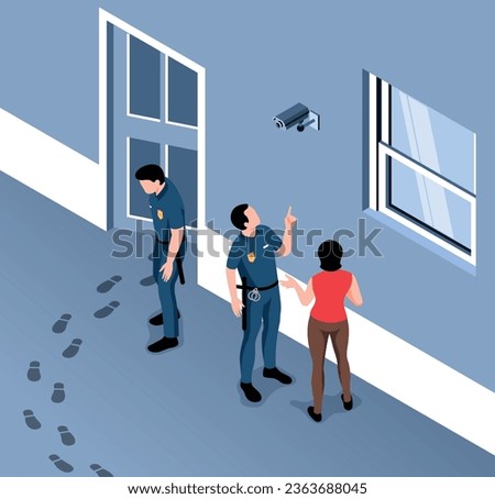 Isometric home security composition with crime scene trails of thief police officers house owner and camera vector illustration